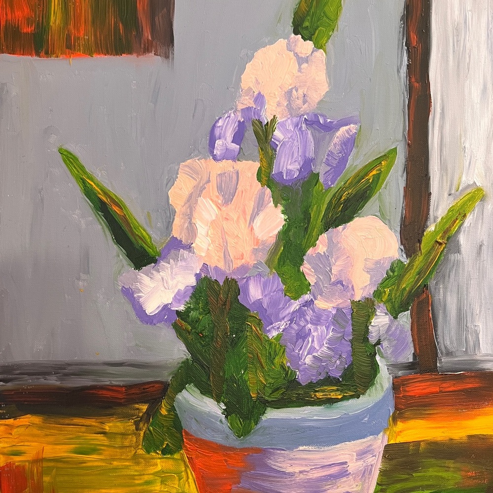 Pink Iris in Pot Brand New Oil Painting